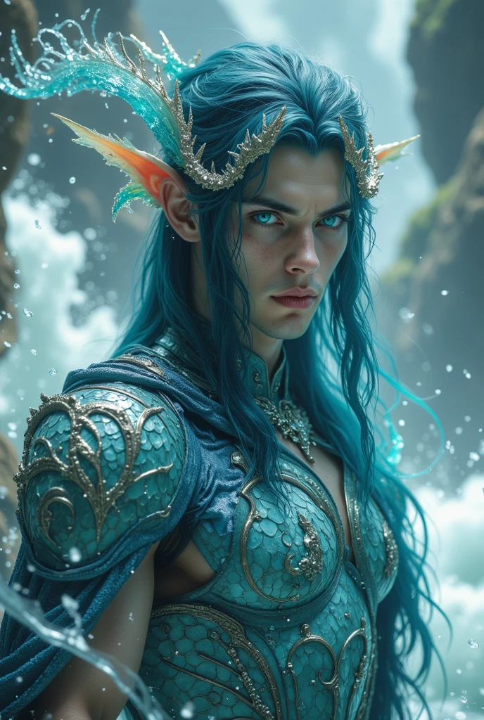 handsome teenage seasprite merman prince , long green hair, pointy ears, deep underwater scene . Very light environment