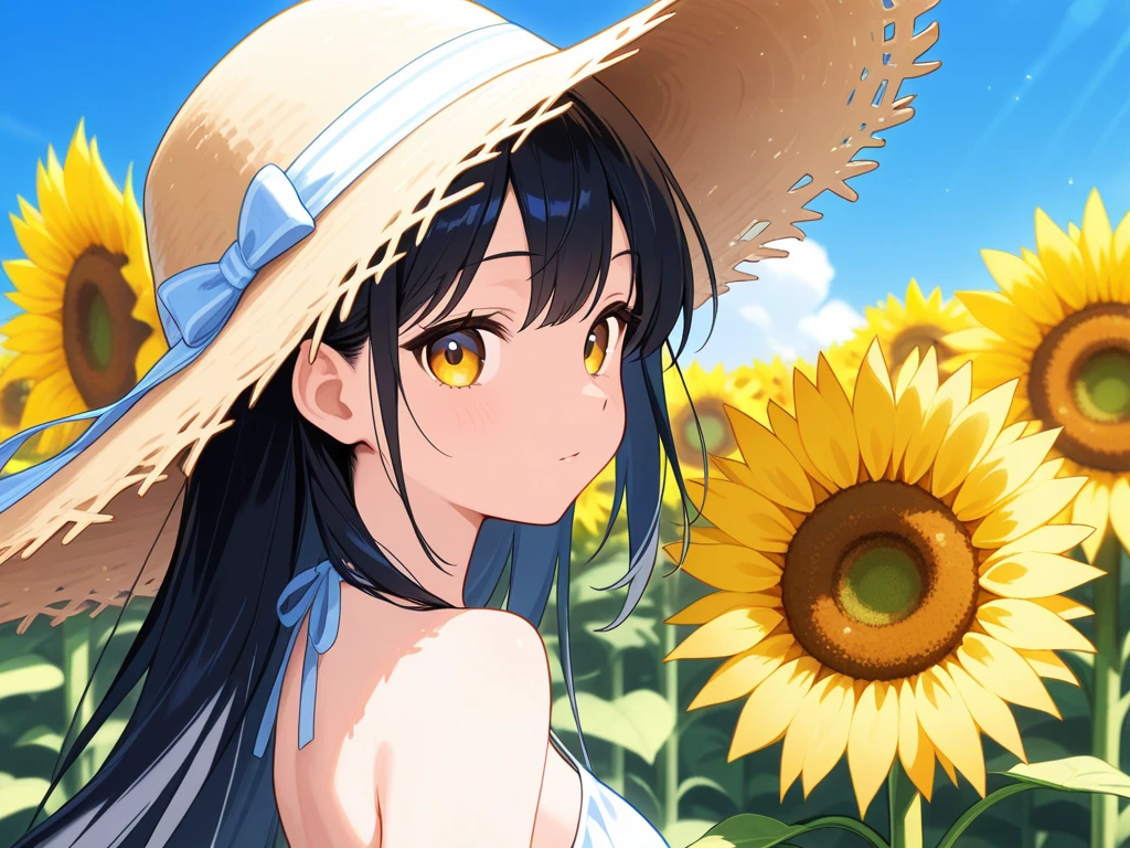 in 8K、top-quality、​masterpiece、ultra-detailliert、Ultra-high resolution、Anime style、1人の女性、Mid summer、a straw fedora hat、A smile、Sun flower、Soto、siesta