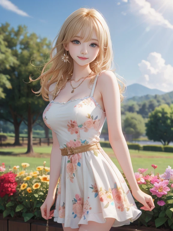 A fairy of spring is dancing in a park where cherry trees are in full bloom. Her dress is made of cherry blossoms, and she has a flower crown on her head. 8k , HD, highly detailed, realistic, photography, photo realism, --ar 9:16 -- at 6.0 --s 750、19 years old, alone, Long Hair, View your viewers, Blonde, Brown eyes, gem, whole body, Realistic, Sexy、Big Breasts 、stockings、clip on earrings,during,bracelet、embarrassed,blush,teache、