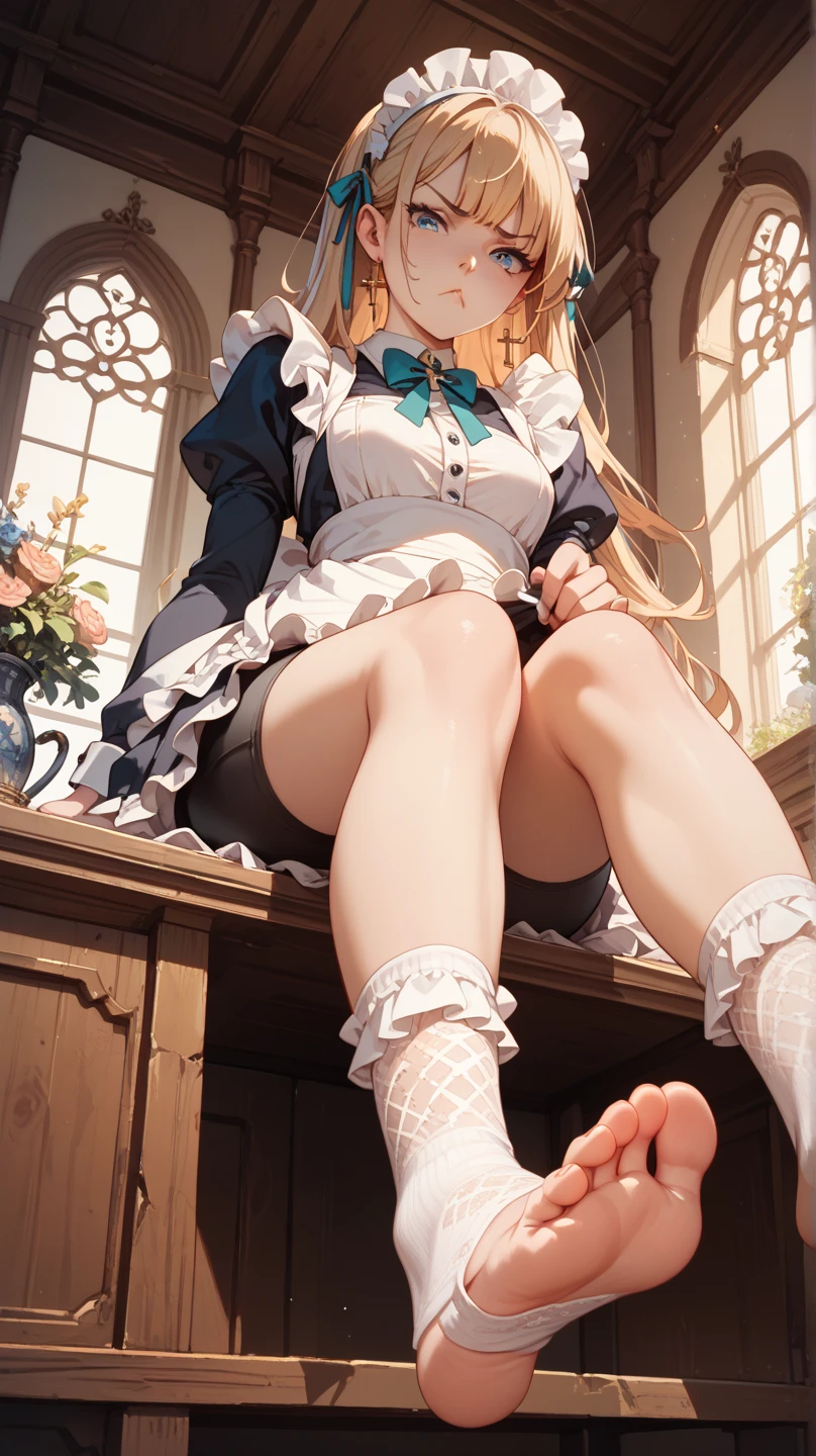 silencesuzuka, green eyes, horse tail ear covers, puffy sleeves, short over long sleeves, black gloves, white skirt,blush,sitting on bed,((from below)),legs focus,((black pantyhose)),feet,feet focus,legs focus,((five toes)),2legs,2feet,killer legs,, sweating,steam,crossed legs