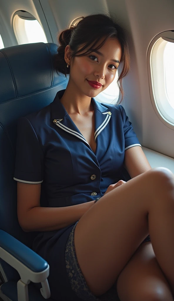 masterpiece, high-detail, the most erotic airline stewardess in the world, legs, (UHD, 8K wallpaper, High resolution), Cinematic lighting, physically-based rendering, award-winning, extremely detailed skin, extra detailed face, high detail eyes, Carl Zeiss 85 mm F/1.4, by Ellen von Unwerth