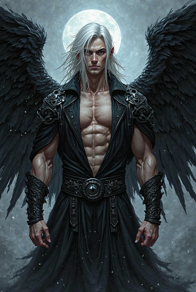  male creature with blue eyes, silver hair, fox ears and tail, very big black wings, good abs and sad face