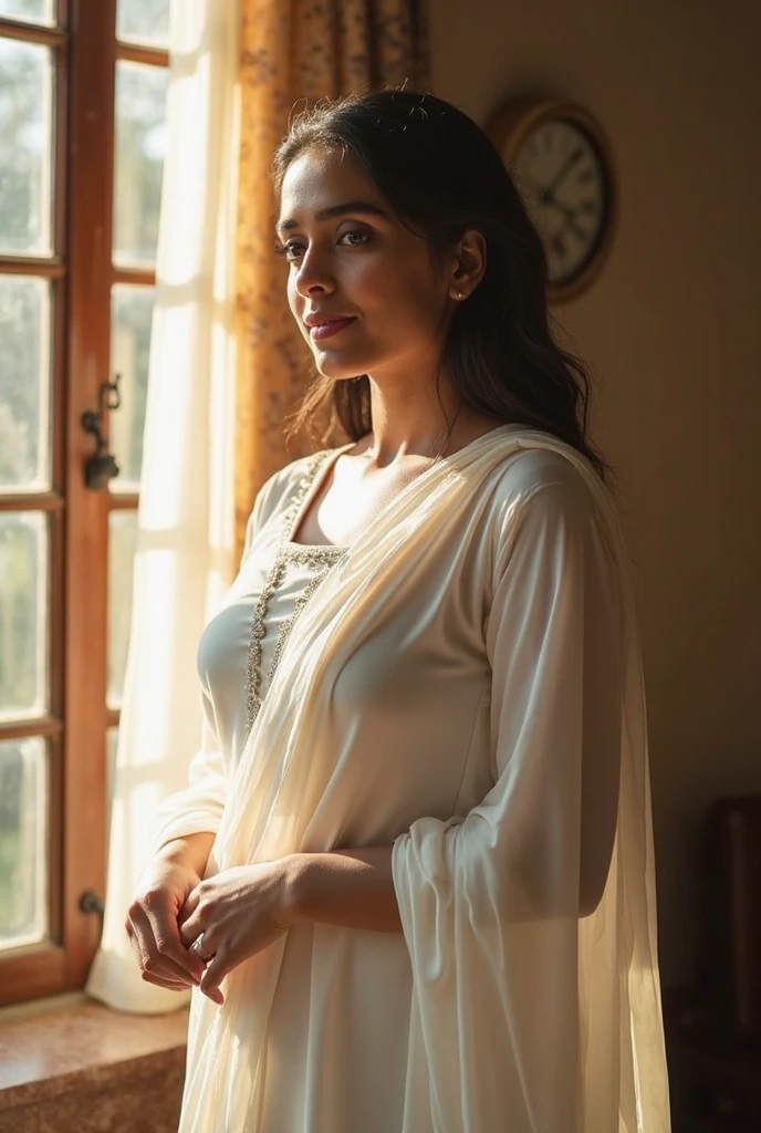 Beautiful ,23 years young girl,confident looking,8k,realistic,dark brown hair,fair skin, indian,long hair,clear facial features, wearing black dupatta and white kurti,
