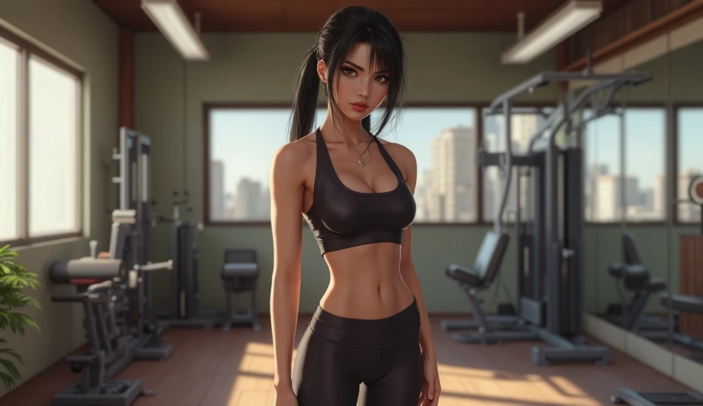 (masterpiece, highest quality:1.2, whole body),1 girl,alone,model body shape,slim thighs,model body shape,feet,sexy abs,between legs,Wedgie,nipple,Mansuji,sweaty,I do squats at the gym to strengthen my lower body..,sweaty,mouth is open