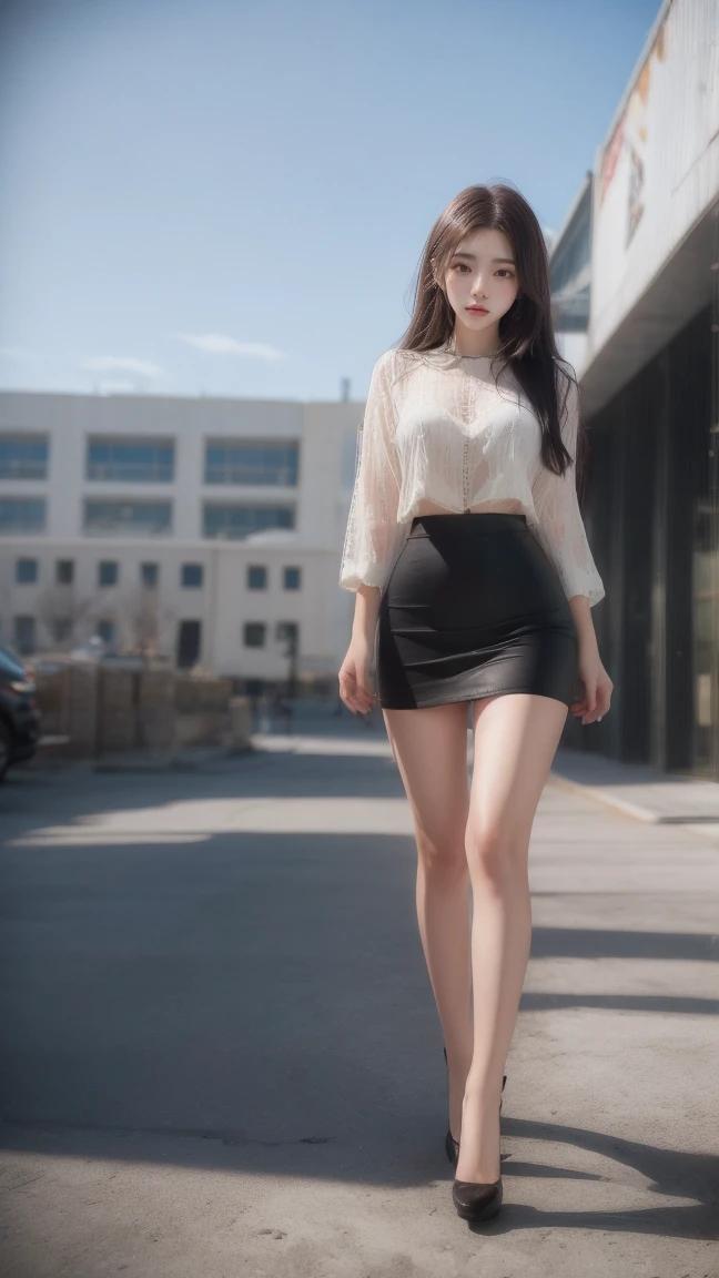 ultra-clear resolution,top Quority,Wonderful young girl,Ear studs,clear eyes,plain face,Gloss on lips,face perfect,White skin,perfect chest,Slender legs,lacepantyhose,Grey office mini skirt,Random Shoes,Street