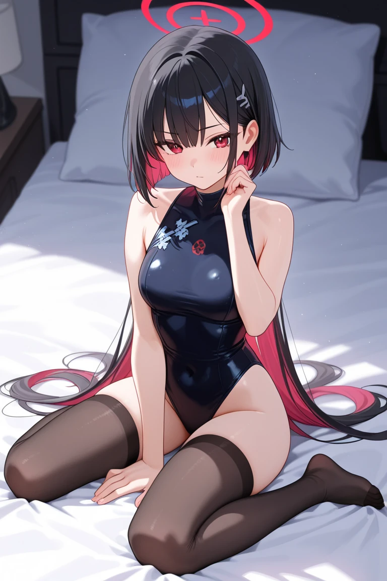 anime girl, long black hair, pastel pink eyes, beautiful wooden room, wearing a pure black and white cheongsam, bare legs, tight cheongsam, 8k, good anatomy, high resolution, smooth skin