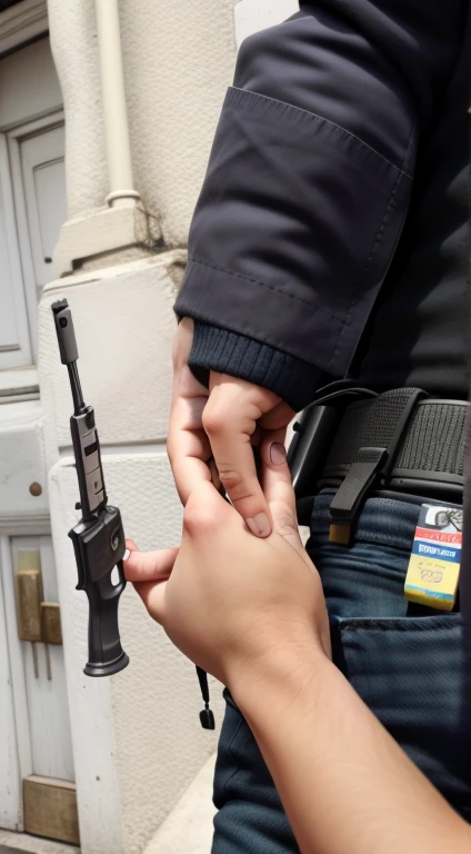 Un homme gentille et innocent dans une poste de police, entouré par deux policiers pour prendre ces paroles pour une crimes qui na pas commis