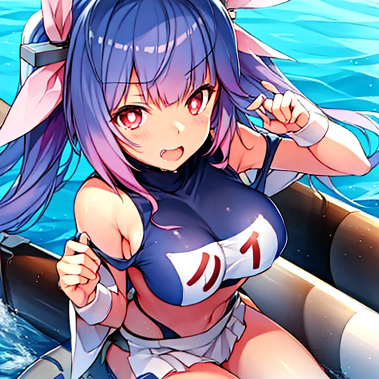 best quality, masterpiece, highres, solo, {i_19_kantaicollection:1.15}, long_hair, blue_hair, ribbon, hair_ribbon, red_eyes, twintails, breasts, large_breasts, symbol-shaped_pupils, swimsuit, school_swimsuit, one-piece_swimsuit, open_mouth, smile, blush, star-shaped_pupils, star_\(symbol\), tri_tails, fang, 1girl, looking_at_viewer, name_tag, torpedo, underwater