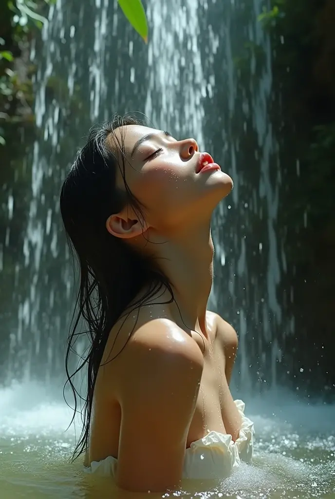 Full body of a 17 year old Japanese girl taking a shower naked outdoors