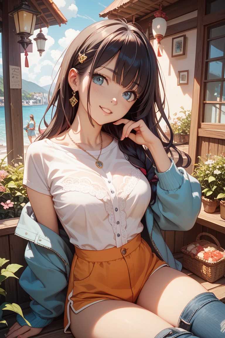 CG, Unity, 8k, wallpaper, highest quality,sunlight、Perfect lighting、 masterpiece, haruka amami, (smile: 1.2), 1 high school girl、Black Hair、Curly Hair、Blue Eyes、Dense lips、Black knit T-shirt、Off the shoulder、 BREAK denim shorts, barefoot, Thighs, Best lighting, Complex pupil, Complex weaving, Detailed Background, Japanese countryside,Pool、evening、Sunset