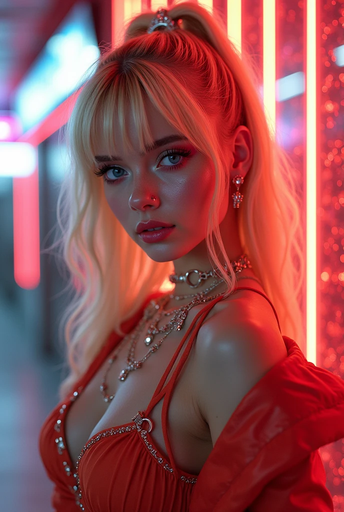 analogue fashion photo shot of young blonde woman with cyberpunk hair, (((big boobs))) in a 1950 korean hotel huge lobby, ((green and red neon lights)), (((((high fashion clothes in the style of Alexander McQueen))))), supermodel, sexy model poses, masterpiece, eye level, Kodak Funsaver, Porta 160, 20mm, bokeh, in the style of Nan Goldin, textured, distressed, ((vintage)), edgy, noisy, high contrast, ((bad composition))