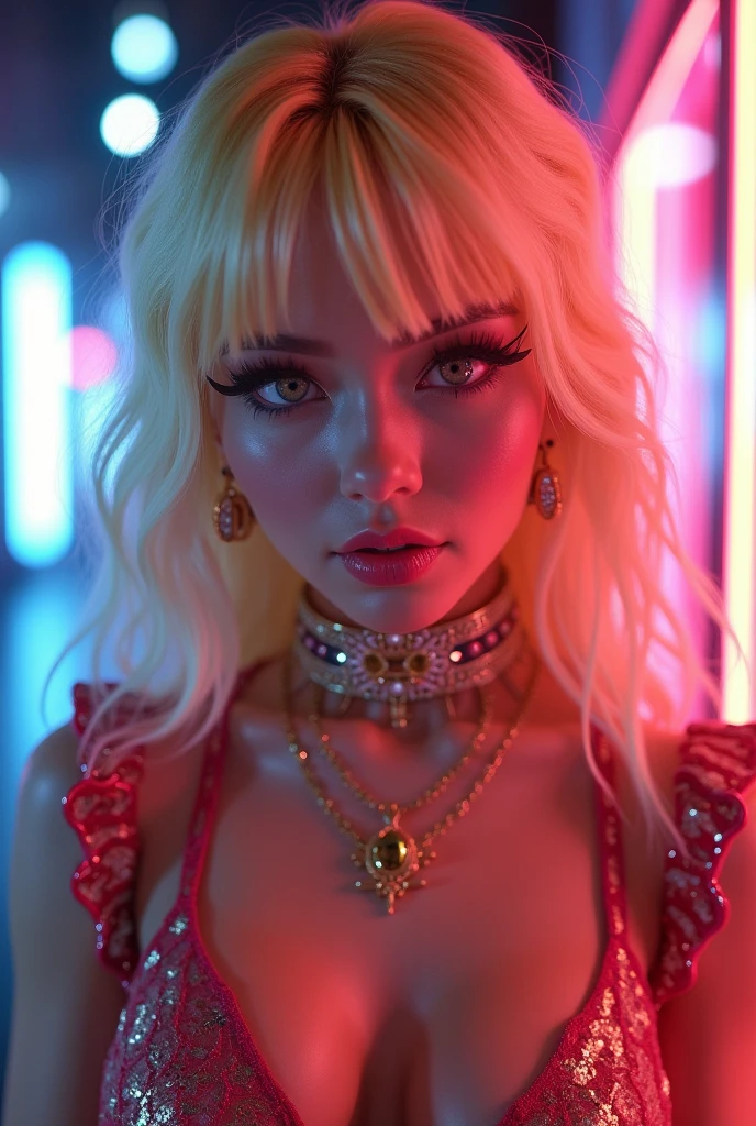 (((ultra realistic))) Photo, masterpiece, top quality, (pale skin), (Ultra detailed face and eyes:1.3), 1 girl, Adult, ((purple fading into green skin tight dress)), ((Bright Deep Navi Blue eyes)), ((Eye makeup, Pink mascara)), ((large detailed red lips)), (((Blonde straight hair)), ((Stylish hairstyle)) , (Natural breasts). ((Posing)), photoshoot, (Soft Lighting), (The play of light and shadows), depth of field, bokeh, (special attention to skin detail: 1.2), Detailed leather texture, detailed skin pores. (Erotic atmosphere of the frame. Color range - Pink, Silver, White tones), UDR, ((Film grain)), ((rays)), (Glare), ((close to the camera)) , ultra detailed, (Full body shot), lifeimitatesart