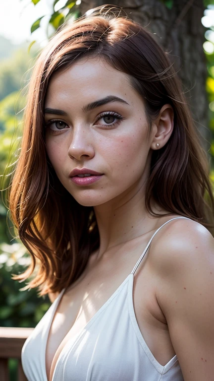 photography of a stunning girl, wearing a lacy transparent top, enjoying, girl, summer, hot girl, (((medium bust))), brunette hair, long_hair, looks into the camera, symmetrical face, photorealistic, photography, spectacular lighting,, gorgeous, cleavage, western, (masterpice), best quality, high resolution, extremely detailed, skin with pores, blurred background, depth of field, cinematic lighting