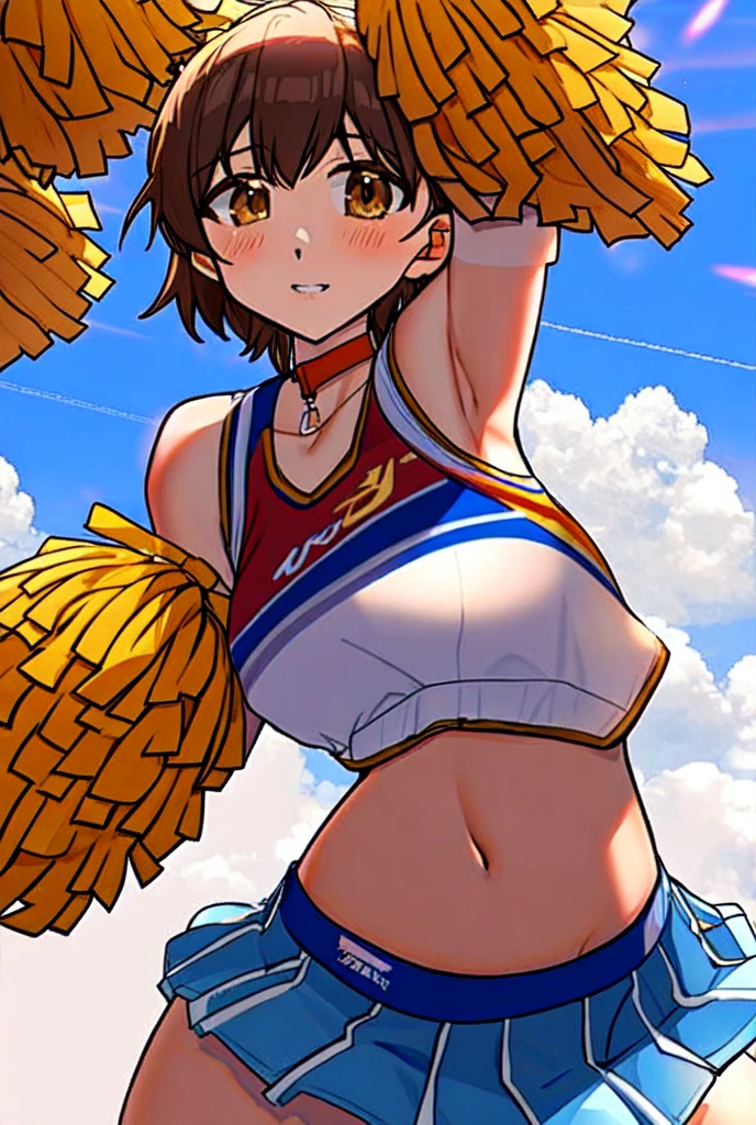 very cute and beautiful cheerleader girl,(highly detailed beautiful face and eyes:1.2),(holding pom poms:1.13),(laugh), (stadium stands),cowboy shot,dynamic pose,white panties,(sleeveless orange shirt),beautiful legs,dynamic angle,black hair, (best quality,masterpiece:1.2),intricate details,extremely detailed,ultra-detailed,highres,looking at viewer, natural lighting,hair fluttering in the wind,beautiful detailed sky,