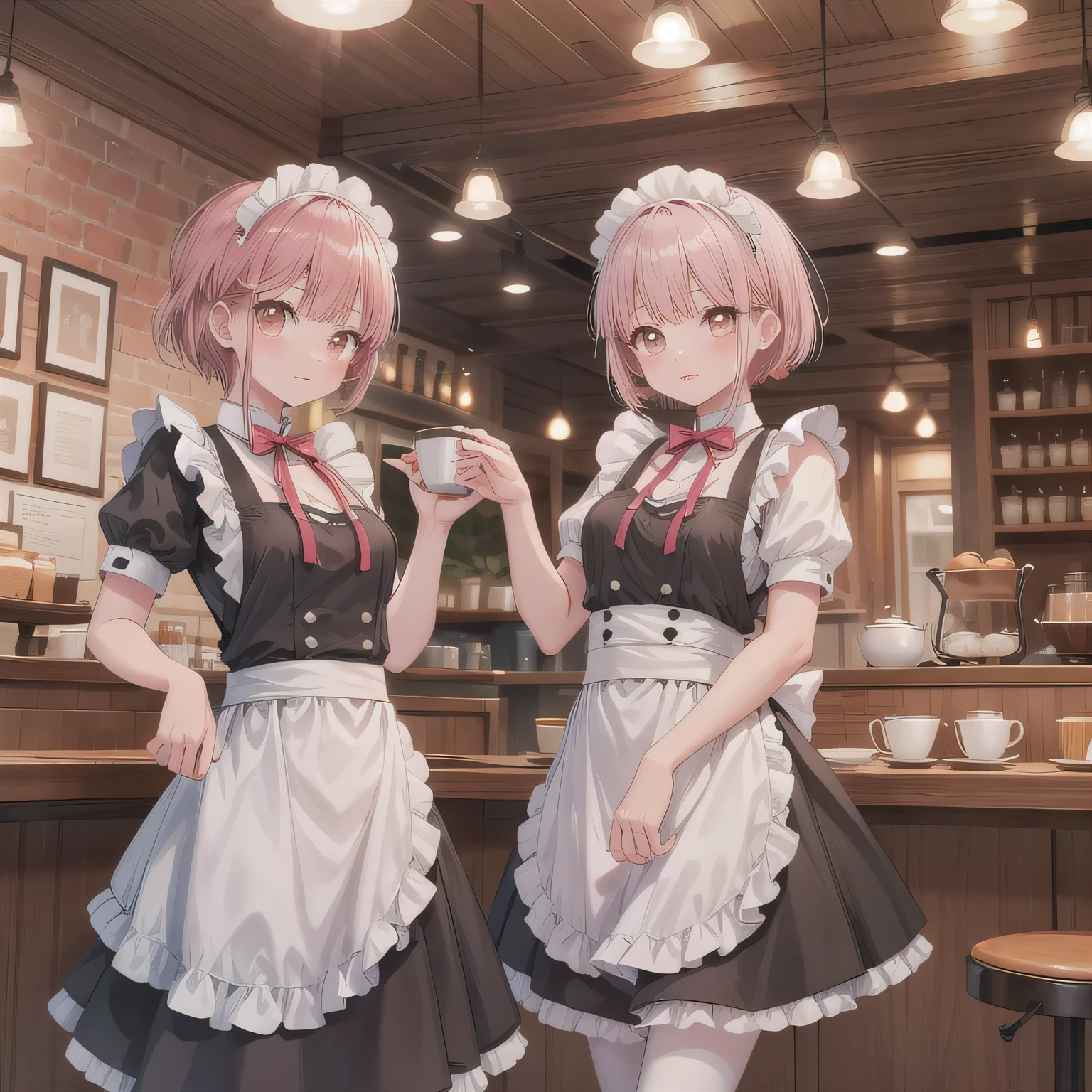 highest quality、masterpiece、((2 girls:1.5))、((smile:1.3))、(blush:1.3)、Black Shirt、blouse、((fun!!))、(Small breasts)、()、Blonde、(Long sleeve)、((White apron:1.5))、((Maid))、((hair ornaments)),、Kamimei、look at me、 ((in house:1.5))、 Taking a break from watching the audience、Cowboy Shot、(Skirt lift:1.3),(Highly detailed pink striped panties:1.3)、(Highly detailed panties:1.3)、、(スカート that rolls up:1.3)、(Panties fully exposed:1.5)、Light blue eyes、long hair、Glowing Eyes