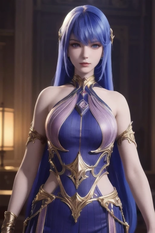 <lora:Tekken_ZafinaV6:0.85>,tkzafina,mascara,purple eye shadow, low hairbun,brown eyes, sidelocks, mulitcolored hair,circlet, bodysuit,mature female ,bare shoulders,ancient ruins,ancient buildings