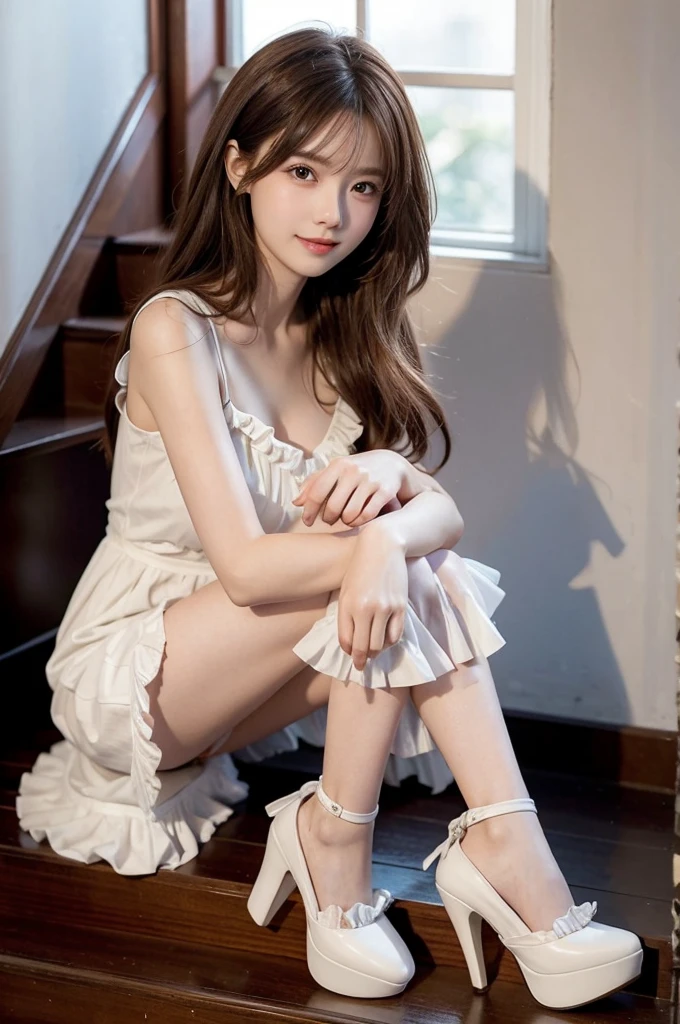 (Raw Photos: 1.2), (Photorealistic: 1.4), Beautiful Detailed Girl, Highly Detailed Eyes and Face, Beautiful Detailed Eyes, Ridiculous, Incredibly Ridiculous, Huge File Size, Ultra Detailed, High Resolution, Very Detailed, Best Quality, (Bright Indoors), (Soft Light), (Low Contrast), (Shallow Depth of Field), ( Portrait of a beautiful woman illuminated by gentle light), (very delicate and elegant depiction), (short length bangs), (hair color is a dark maroon shade with a slight brown tone), (subtle and gentle wavy hair), (small braid intricately woven on the sides of long hair), (decorated with thin ribbons), (white blouse with small ruffles), (bow tie), (blue long skirt), (( Bare skin calves)), ((ruffled white ankle-length silk socks))), illustration, very detailed, CG, unification, 8k wallpaper, amazing, fine detail, top quality, face light, movie lighting, 1 girl, 24 years old, (without panties)), (dynamic pose)), (bent knees and legs sitting), (((フリルの白い足首丈のシルクソックス)))、