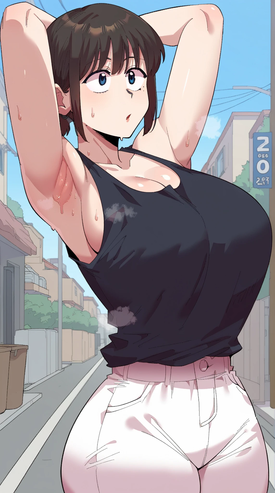 Best image quality, Excellent detail, Ultra-high resolution, (realism: 1.4), Best illustrations, I like the details, Carrying a big burden, bicycle, Kiki posing cute in front of bicycle, The background is an urban office district, Black Robe, Red ribbon, Kiki, teeth, Active, (Completely naked,Sex,Sweaty,Pee,sex:1.5)