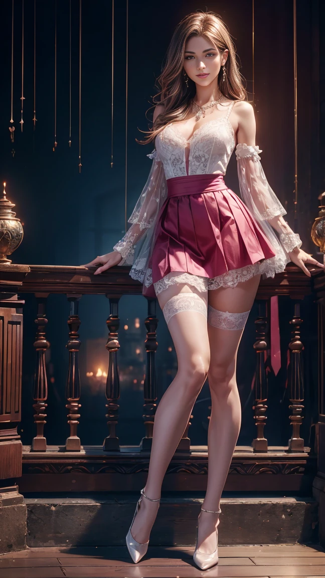 standing woman, back, cocktail dress, nude color dress, plunging neckline, Whole body. Ochako Uraraka, medium breasts, braless, mini lace boyshorts, perfect legs, High heels, perfect arms, perfect hands, perfect feet, view from below, upskirt. Super detailed, masterpiece. garden, evening