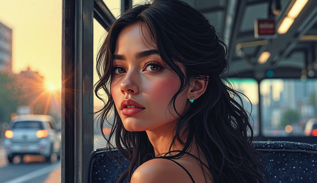 a woman, sleeping with her mouth open, sleeping on the train, beautiful, wavy hair, brown skin, made-up eyelids, dressed in a sexy way