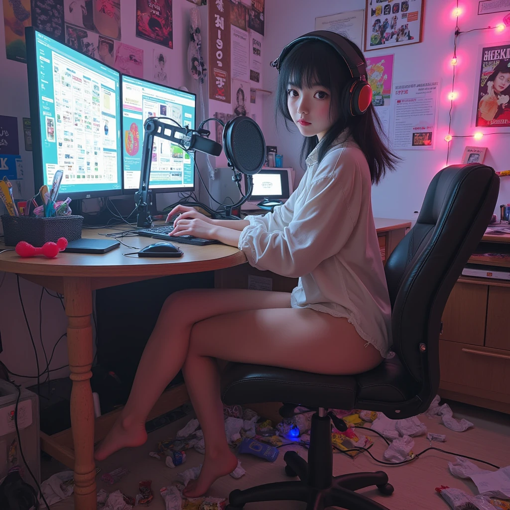 Girls, Girls, Gamers, Indoors, Room, (Dark Room: 1.7), SF, Neon, Neon Lights, Neon Trim, Desk, Computer, Monitor, (LED Monitor, Multiple Monitors: 1.2), Screen Light, Keyboard, Mouse, (Computer), (Gaming Chair: 1.8), Sit in Gaming Chair, Game Console, game controller, looking at the viewer, colorful hair, bob cut, striped hair, cat ear headphones, tank top, shorts, barefoot, poster \(object\), figures, cans, energy drinks, potato chips \(food\), cables, messy room, messy room, naughty schoolgirl, messy room, undressed underwear, Dynamic angles