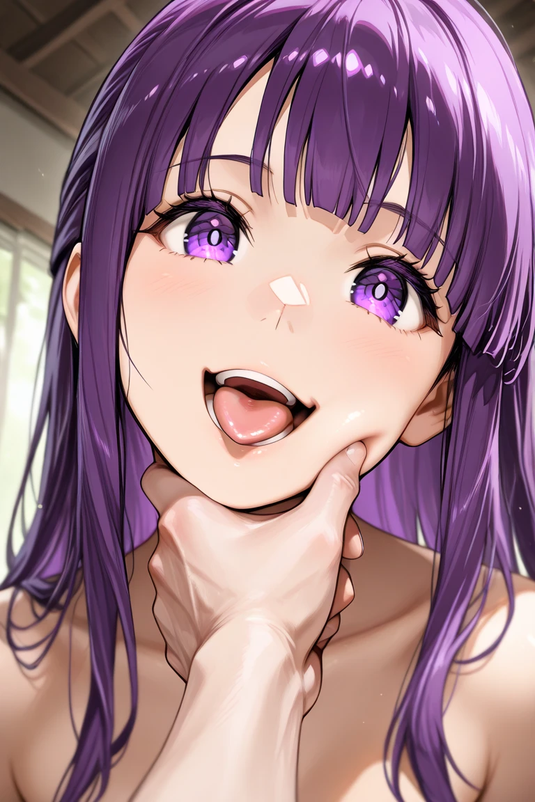 ( on tongue ,saliva, open mouth, tongue, cum mouth, tongue out), on bed, bedroom, Hitagi Senjogahara, Senjougahara Hitagi, Long Hair, blue eyes, Purple Hair,
