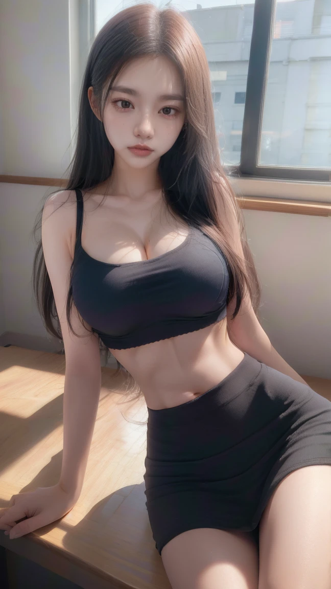 in 8K,photos realistic (1 Cute Korean Idol ) low-tied long hair, Thin makeup, Medium chest size, Close-up portrait, nffsw、Punk Girl、Pendants,breasts deep cleavage、FULL BODYSHOT、beauty legs、Beautiful legs、16-year-old 、She's looking at this、(Super beautiful girl:1.5)、(A detailed face)、Adult face、Bare legs, thighs、a closeup、full body Esbian、Nasty eyes、((Random sexy poses:1.5)),((full shot:1.5)),((beautiful skin:1.5)) ,,(Tank top:1.5),(short pants:1.5)