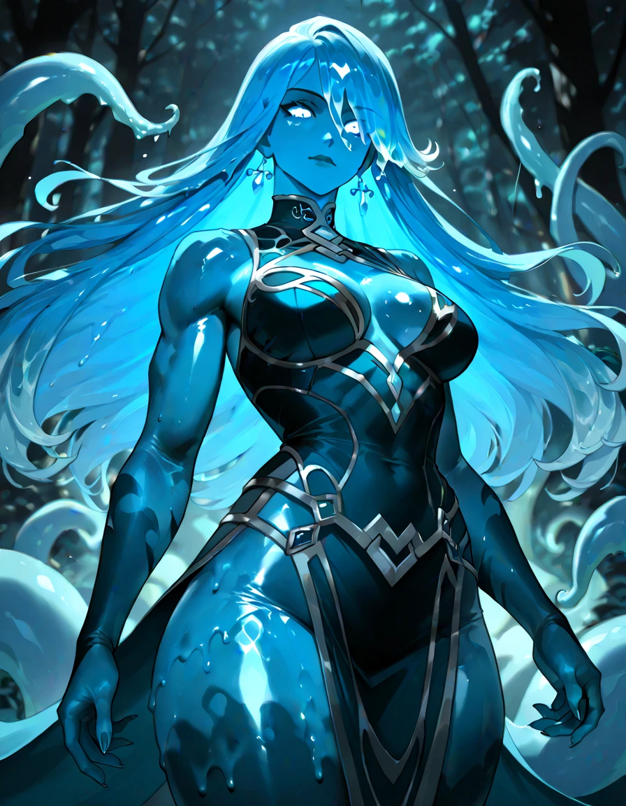 wakfu, blue-skinned woman, drowns a sailor, storm, huge waves, sea foam, lightning, fear, ship broken into pieces, death, rage, horror, skeleton, skull, fangs, blood,