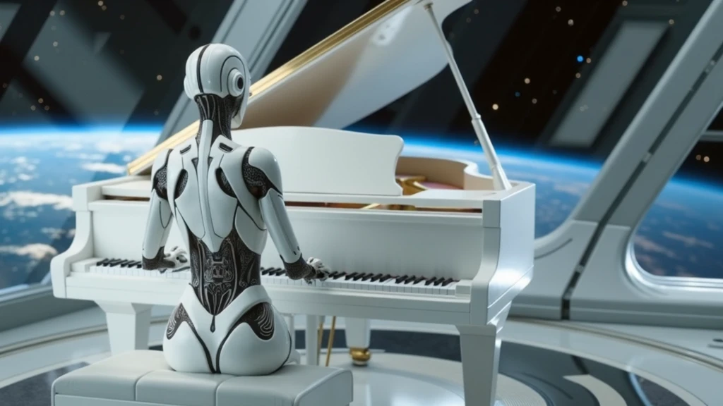 Create an image of a robot with a sleek, metallic exterior in shades of gray and gold, dressed in a dark blue suit. The robot is seated at a grand acoustic piano, its hands gracefully playing the keys. The robot’s design should include detailed mechanical parts and glowing elements to add a futuristic touch. The setting is a sophisticated, dimly-lit jazz club, with warm lighting and a luxurious atmosphere. The scene should capture the elegance and precision of the robot’s performance, emphasizing the contrast between the metallic body and the classic piano. Render the image with an anime aesthetic, featuring vibrant colors and dynamic poses to enhance the dramatic and refined mood of the performance."