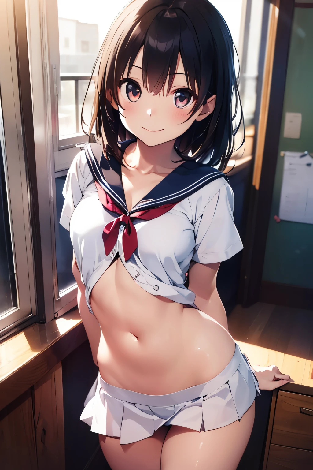 very cute and beautiful girl,(highly detailed beautiful face), (smile),blush,black hair,pixie cut,serafuku,pleated navy blue mini skirt,standing,from below,white panties, wooden classroom,window,distant trees and town, (best quality,masterpiece:1.2),absurdres,highres,ultra-detailed,extremely detailed,32k,8k resolution, intricate details,cinematic scene,detailed background,solo,dynamic angle,