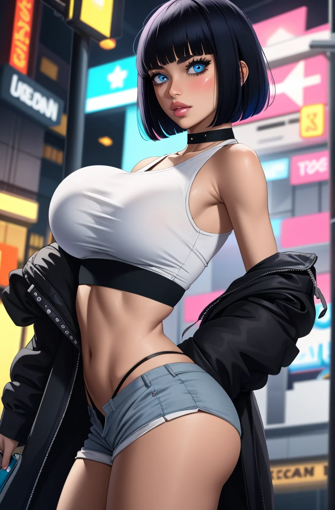 4k,CG Digital rendering,wallpaper,illustration,absurdres,Ultra HD,incredibly absurdres,masterpiece,amazing,finely detail,original,beautiful-detailed eyes,tyndall effect,dynamic angle,cyberpunk city,night, (1girl:1.5),(solo),((streetwear)),toon,medium breasts,nsfw,shorts,((Sexual suggestion)),(standing),leaning forward,earrings,cat_ears,ribbon choker,(cleavage),((colorful streaked hair)),((( gradient hair))), neon light,, ((painting, canvas, fine art)), detailedHDR, portrait, 50mm, F/2.8, 1m away,