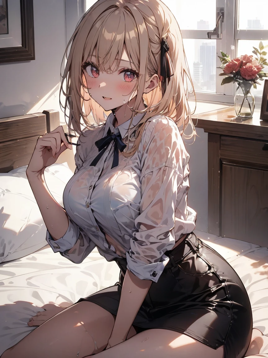 best quality, masterpiece, solo, 1 Female、(Slender figure)、Ample breasts、(Cleavage)、Lace Underwear、shirt、(Changing clothes:1.2)、Leaning forward、(White highlight in pupil:1.2)、White skin、(blush)、Wooden bedroom、(I blur the background a lot to make the woman stand out.:1.1)、cure