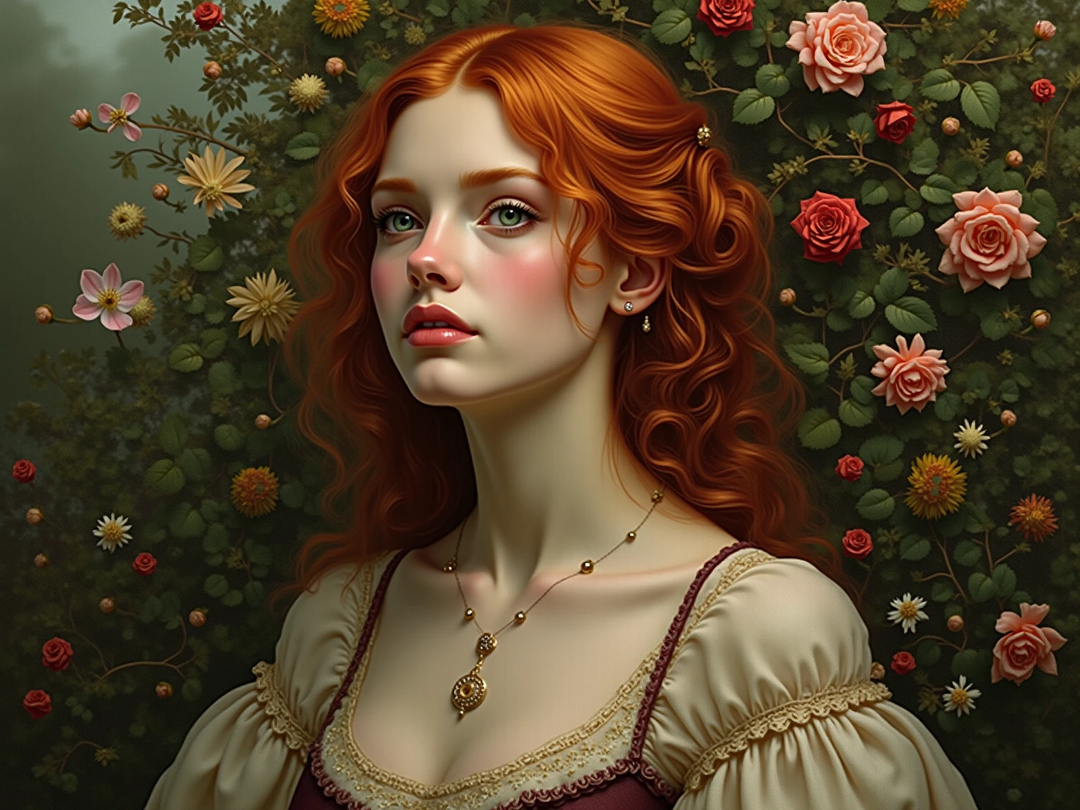 A red-haired peasant woman in a lush garden, wearing a medieval dress with a close-up capturing the harmonious beauty of her natural beauty, trapped in a gilded cage