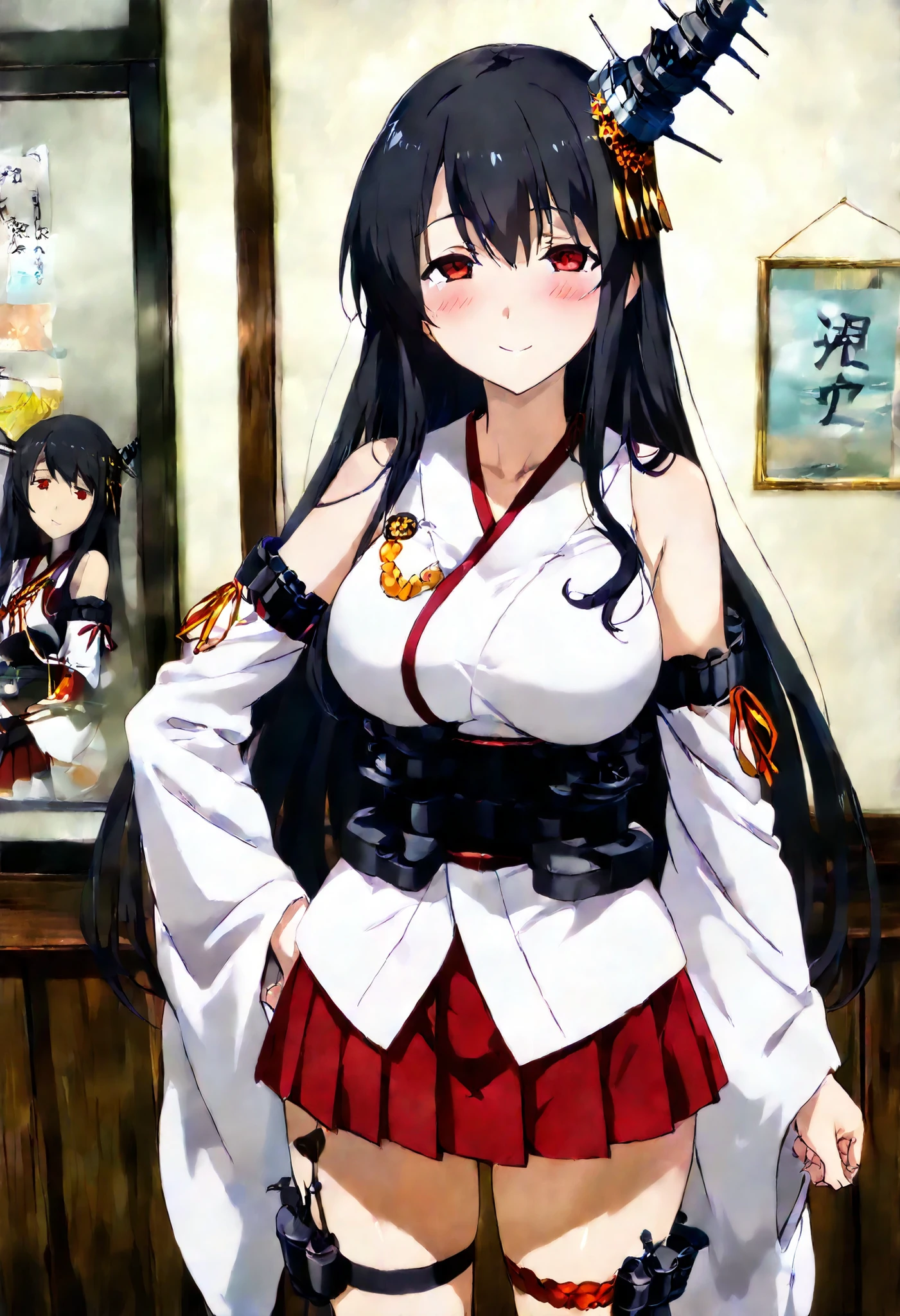 Fusou (Kantai Collection))
one girl, solos, Disgusting Smile, false smile, detailed skin, Blush,
SCORE_9,SCORE_8_UP, SCORE_7_UP, Source_Anime, masterpiece, Top quality, Official Art, Official style, game CG, megami magazine,
fusou-kc, red eyes, long hair, black hair, hair ornament, headgear, fusou-n-kc, japanese clothes, nontraditional miko, bare shoulders, fusou-sleeves, detached sleeves, wide sleeves, black obi, red skirt, pleated skirt, hakama short skirt, microskirt, thigh strap, white socks, sandals,
cowboy shot, watching viewers, boots, staring at the viewer,