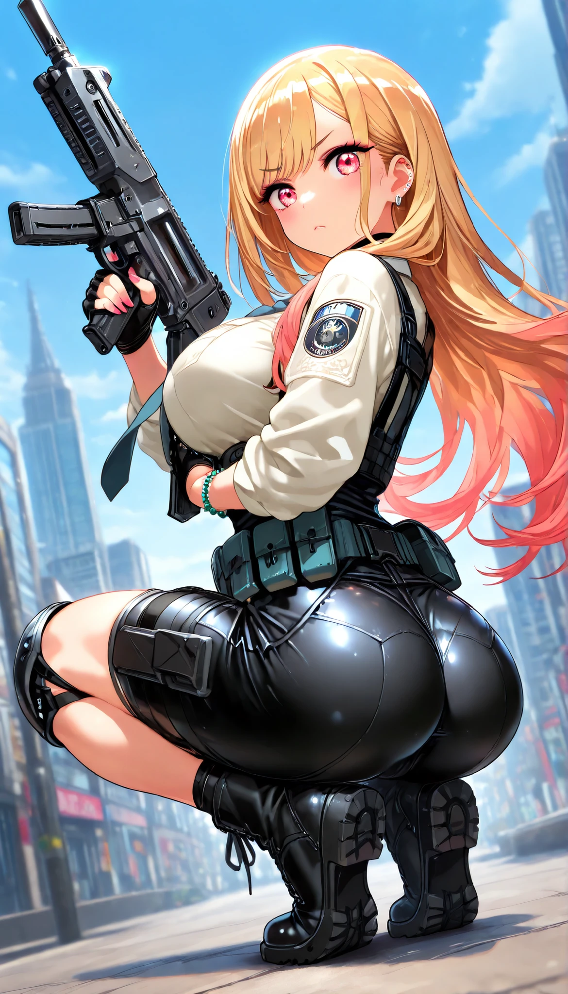 solo 1girls thick figure thick thighs size huge breast hard nipple size fat ass yellow eyes tan skin short blonde messy hair wear fingerless gloves wear short crop top hoodie wear short crop jean ripped wear holster wear black stocking tight outfit holding a rifle on hands wear tactical backpack wear tactical goggle on head 