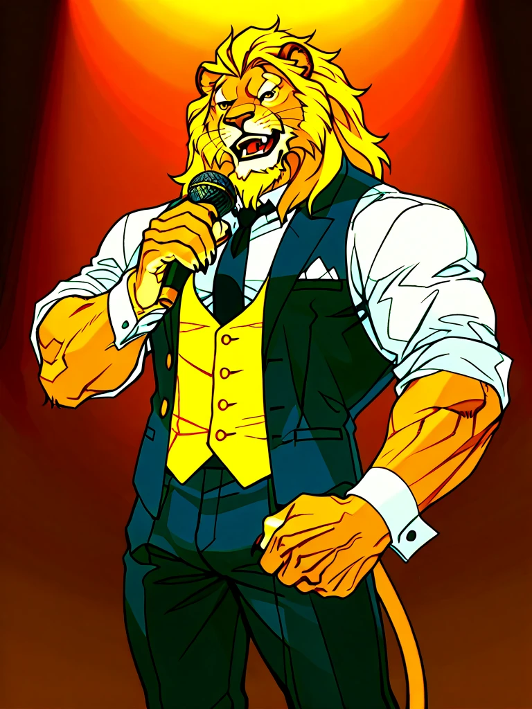 in music studio. 1lion male, lion male focus, muscular lion male, furry, lion male singer, sing a song, Hold the microphone, sing to microphone, gentlemen, muscular, three piece outfit, neck tie ,.
perfect body, perfect face, perfect , masterpiece, amazing quality, high quality, best quality, digital media \(artwork\), rating_explicit, source_anime, intricately detailed illustration, very aesthetic, high resolution, ultra-detailed, absurd res, good color, good shading, natural color, realistic colors, true color balance, well detailed background, detailed design of the device. in kinu-sensei artstyle