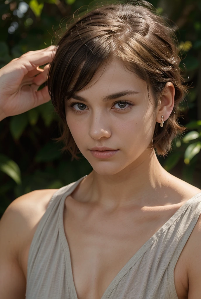 small waist girl, short hair, brown hair, sharp jaw line, on her knees, looking up to the camera