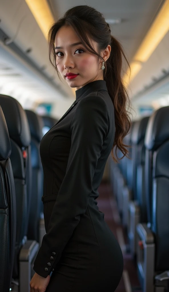 (1 Ultimate Beautiful Mature Woman), hyperdetailed face, Detailed lips, Detailed eyes, 二重まぶた, Black bob hair, (Stewardess uniform:1.2), (large full breasts), (thin-waist), (ssmile), thighs thighs thighs thighs, (Standing), Perfect fit, Perfect image realism, Background with: (On a luxury plane:1.3), (Cowboy Shot), In-depth background, detailed costume, Perfect Lighting, Hyper-Realism, (Photorealsitic:1.4), 8K maximum resolution, (masterpiece), Highly detailed, Professional