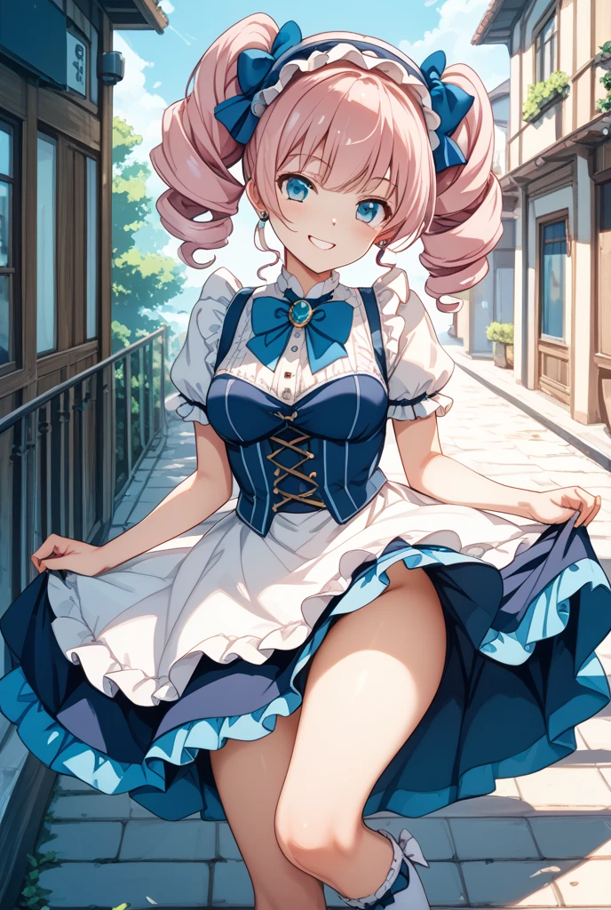 ((City Park)), (2.5D),(anime),(1 Big Breasts, (girl), (Very nice and beautiful:1.1), (Perfect detail:1.1), (Detailed eyes and face:1.3), (Sexy pose: 1.2) , Pink Hair, Long Hair, Wide twin tails:1.2, Heart Earrings, ribbon, (Frill skirt:1.3),(garter belt:1.2), brooch, (Pink knee socks:1.2):(See-through panties:1.5),(ribbonボンデージ:1.2),(Crotch Drill),(See-through pink panties),(Thin string panties:1.2),(Non-wet panties),(A thick rod is stuck in the pubic bone:1.2),(The legs are spread wide apart and both knees are on the ground.),({Cure Melody SUITE PRECURE:1.5})
