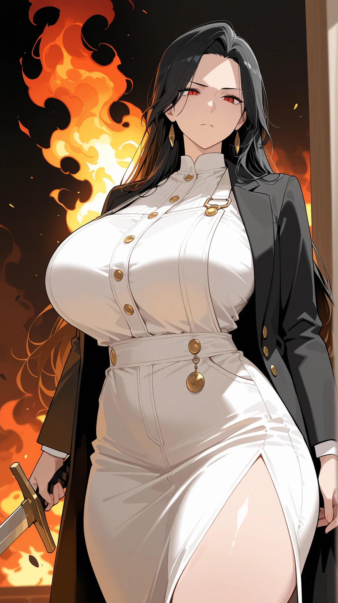 illustration of a mature woman with long black hair and red eyes thick body with hourglass body shape, huge breasts and thick thighs. She is wearing a white dress with gold buttons and a black blazer. She has a serious expression on her face and is holding a sword in her right hand. The background is filled with flames and smoke, creating a dramatic and intense atmosphere. The overall mood of the image is dark and ominous.