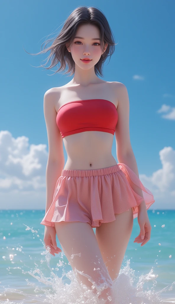 (masterpiece, best quality), pale skin, (baby face), Island beach background, (Purely off-the-shoulder, Short transparent top, high waist skirt, tight mini skirt:1.3), (Skinny Thighs:1.9, Yao Liu, weight loss, long legs, thin legs:1.9), blonde hair, (huge , lift your hips, straight legs), Show belly button, (Wide thigh clearance:1.6, wide gap between thighs:1.6), whole body forward, Nipple protrusion, pink breast bulge, Camel toe bump, (Facing Teenage Barbara Palvin)
