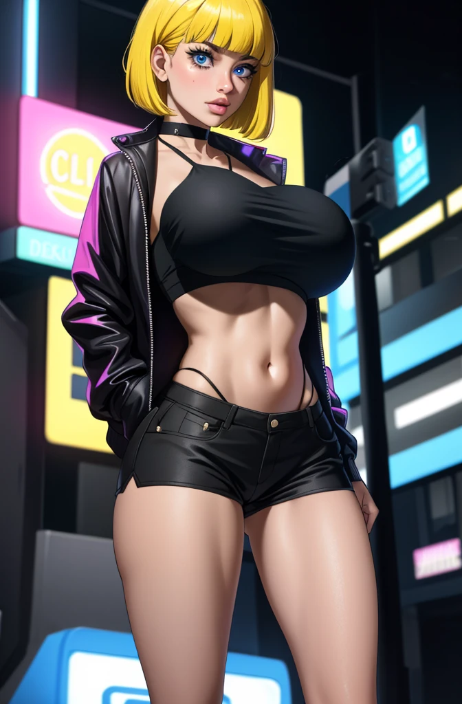unparalleled masterpiece, ultra realistic 8k CG, perfect artwork, (1girl:1.1) , solo, ((perfect female figure)), (nsfw), looking at viewer, mature female, bimbo (android 18) standing, (teasing), best quality:1.1 , seductive posture, sexy pose, alluring, (beautiful), (curvy), (thick), blonde hair, (blue eyes:1.2), short hair, earrings, jewelry, denim vest, open vest, black pantyhose, black shirt, denim skirt, striped long sleeves, blue skirt, toned legs, fit, (abs:1.1), (big butt:1.4), peach ass, (athletic body:1.2), (large breasts:1.3, (big_breasts:1.1), wide_hips:1.5, narrow waist, small waist:1.5, slender body:1.2, thick thighs:1.3), (shiny skin:1.2), (hdr), (street:1.2), Nikon D850 film stock photograph Kodak Portra 400 camera f1.6 lens, rich colors, lifelike texture, dramatic lighting, unreal engine, trending on ArtStation, by Gerald Brom, by Frank Frazetta, by Luis Royo, by Julie Bell, by Boris Vallejo