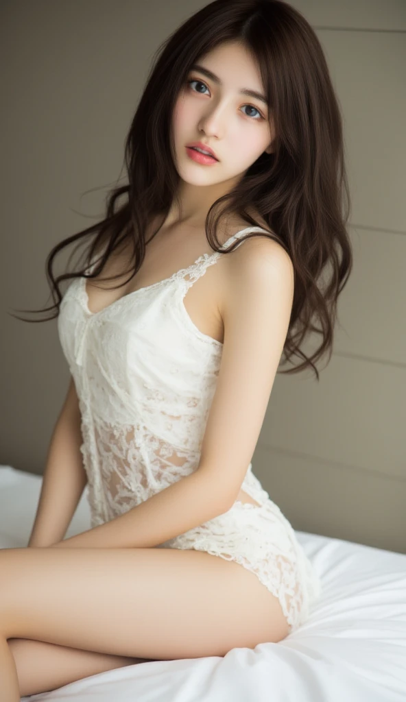 Dark brown hair、Light brown eyes、Japanese actress、 Lady、I am about 40 years old....、(Private NTR Private Category Details Private L:1.2)、(top-qual私ty:1.4)、 (Ultra-high resolution:1.2)、Ultra-high resolution、(Eye for details)、(Detailed facial features)、Hmph、8K resolut私on、Casual clothing and D-cup breasts、Long Hair、one piece ,In the photo々There is a background、people々々々々々々Looks small、A living room bathed in the refreshing morning sunshine、Sit on a large sofa Sofa Details、Through a large window Living room with beautiful and tranquil sea views、Beautiful feet、White wall、White Curtains、White sheets、White bed、White bedルーム、Beautiful natural scenery from the window、Lean on、