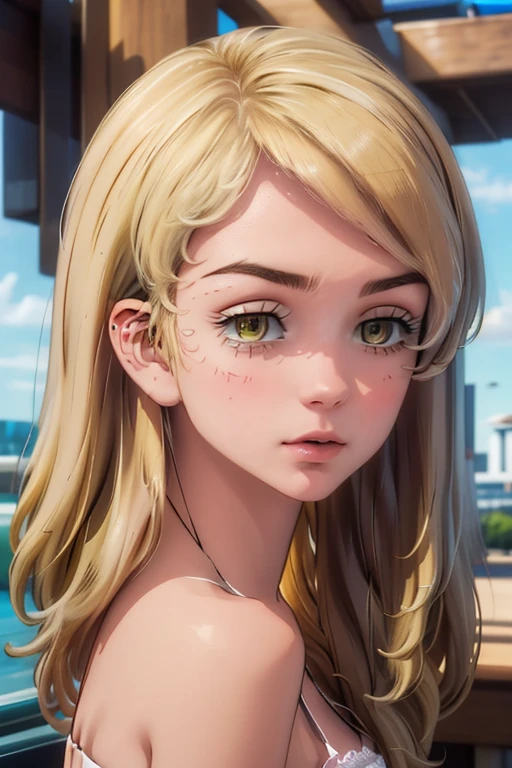 realisitic, high-detail, Hyper Detail, depth of fields, NFSW, 1 Lady,  facial close-up, (((1 Lady:1.37, Solo))), (((Extreme close-up of the face))), (Beautiful face, Cute face, Detailed face,),  BREAK, ((( Golden hair, Semi-long hair, Hair pulled back, Wavy Hair))), (((Detailed beautiful green eyes,))), BREAK, (((Sunny))), (((in beach))), BREAK, blazing, Shiny skin, extremely detailed CG unified 8k wallpaper, very fine 8KCG wallpaper,  (​masterpiece, Best Quality), High resolution, Ultra-detailed, ultra-sharp, Cinematic lighting、(all nude:1.5)、(large breasts:1.2)、(pussy:1.4)、座ってる