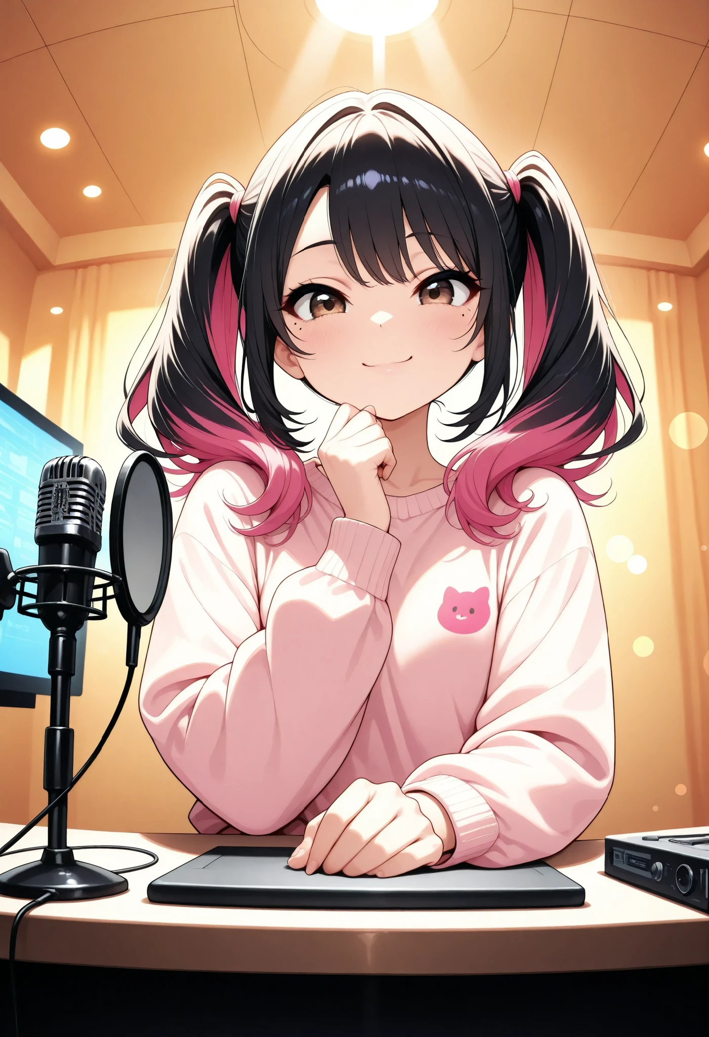 high quality, super definition, 4K rendering, Podcast, radio broadcast booth with headphone, microphone, Studio Lighting, photographic realism, colorful, bokeh, wide angle, Engaging Composition, Expert Shooting, Immersive, Delicate Details, Beautiful skin, Clear Eyes, Well-groomed Face, natural smile, Pop and Cute, using delicate colors, Beautiful Gradients, perfect composition, Minami Yoshikawa, black hair with pink inner color hair, twin tails, asymmetrical hair, brown eyes, mole under the eye, slight build,