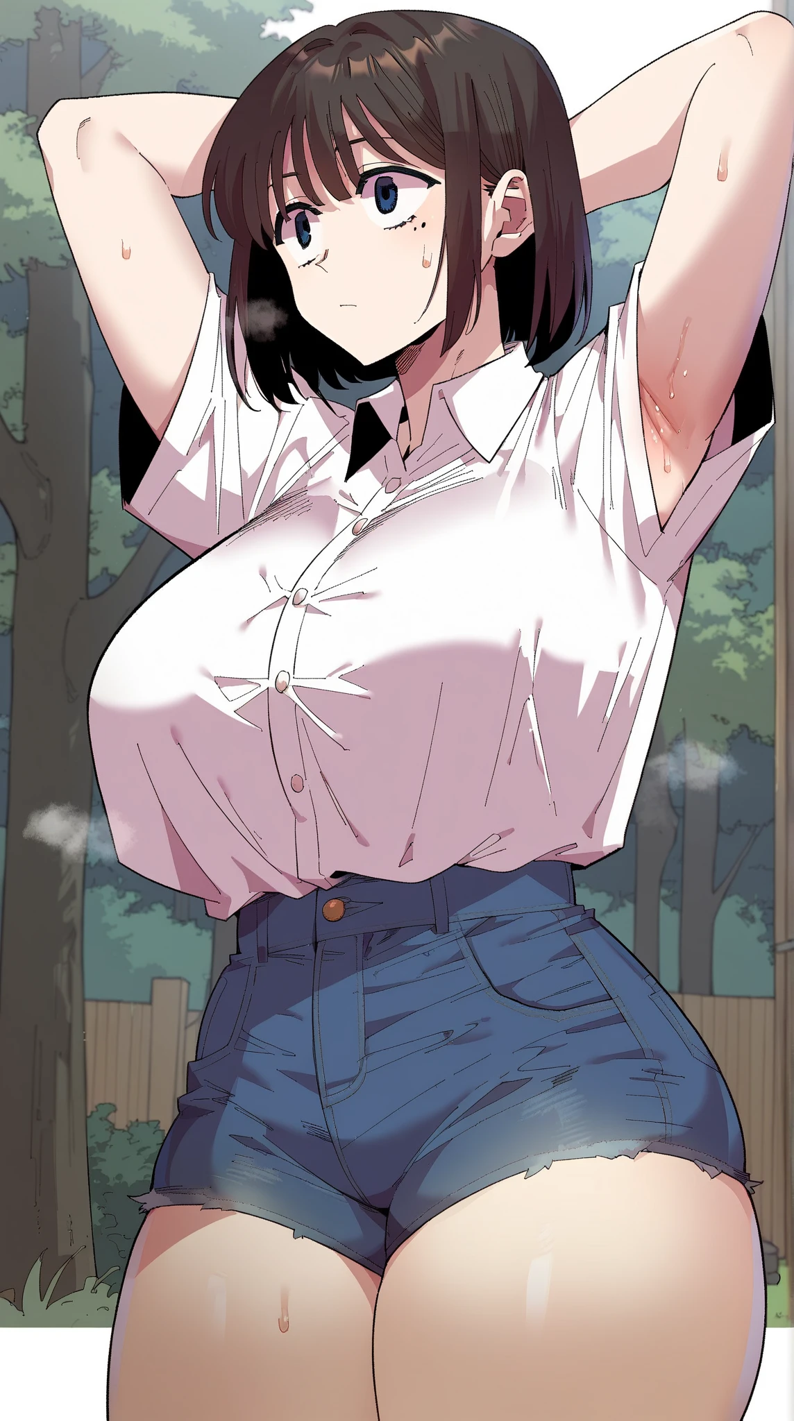 Blue baseball cap、White shirt、Drenched in sweat、Cowboy Shot、Large Breasts:1.4、girl、ponytail、Black Hair、Sweaty、sunny、garden