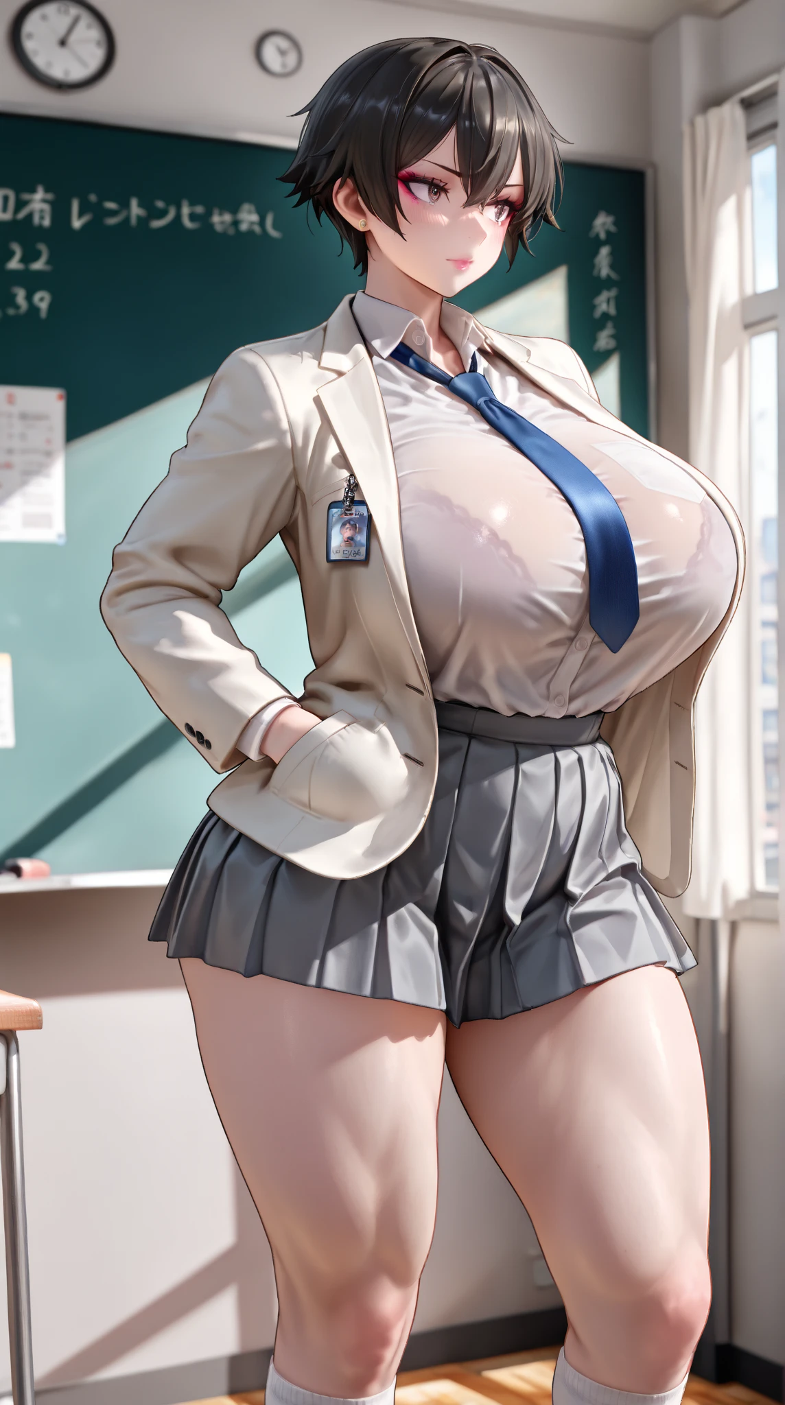 (8K, top-quality, masterpiece: 1.2), (realistic, Photorealistic: 1.2), Intelligent secretary with a curvaceous figure, wearing a (well-tailored business suit:1.5), (Busty: 1.5), (Elegant posture: 1.3), Sitting at a desk, (Beautifully detailed eyes: 1.5), (Blonde hair: 1), (short hair: 1.1), Wearing glasses with a professional look, (Her suit jacket and white shirts are buttoned:1.5), (Polished shoes: 1.1), (Detailed suit fabric: 1.0), gigantic breasts, thigh high stockings, (necktie:1.5), (middle skirt:1.5), full body shot