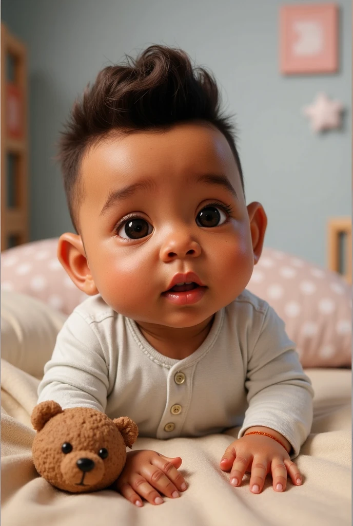 realistic portrait of a , African American ((dark brown skin color)), (((chibi)), ((sleeping)), ((bed, room)), wearing blouse, blue pants and black shoes, current fashion, African style hair, dark lighting background, close-up, product vision, detailed facial details, perfect face, sharpness, trend art, sharp facial details, cgsociety, very high quality digital art, exquisite hyper details, 4K, 8K soft lighting, --ISO 100 dreamer, fashion-