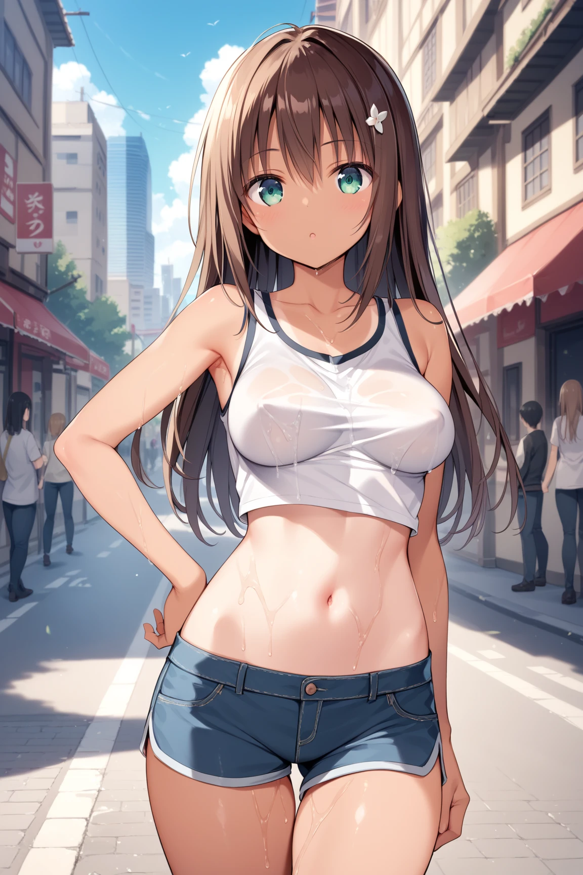 ((masterpiece,Highest quality;1.3,best illustration)),cowboy shot,1woman、25 year old beauty、独奏,((very small head:1.5)),brown hair,low ponytail,long hair,bangs,brown eyes,gorgeous eyes,blush,small breasts,((very long body:1.3)),((toned body,slender body,skinny)),gleaming skin,shiny skin,oily skin,sweat,(White tight T-shirt、denim micro shorts)、on street,Tokyo,