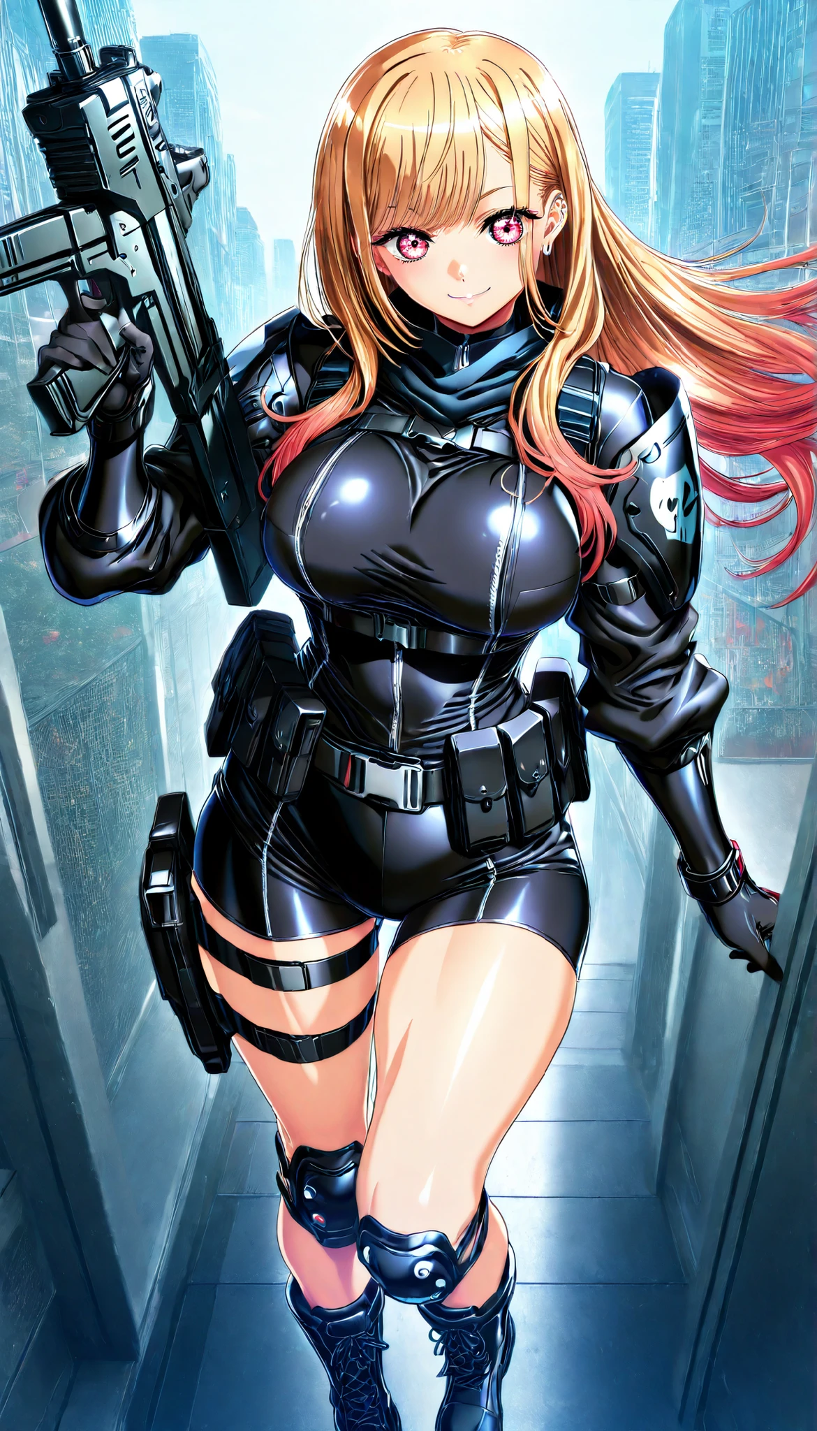 (Yokota Mamoru style),masterpiece, Top quality, Newest, high resolution, 1 girl,stare at the viewers,Charming smile,(portrait :1.uper Detailed,1girl,Marin Kitagawa,((masterpiece)),(Top quality),(high resolution),16 kg,(tight clothes),I'm wearing tactical clothes,Tactical Belts,kneepads,boots,black shorts,Big breasted body ,big breasts and beautiful buttocks,Ultimate Cute Girl,foot,hips,(holding an assault gun),staring at the viewer,serious,Detailed face,Detailed Hair,full body with attention to detail, American city background,